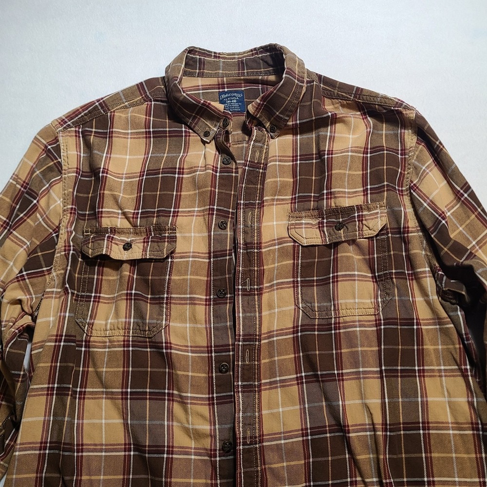 Faded Glory Brown Tan Plaid 100 % Cotton Flannel Button-Up Shirt Size XLT 46-48